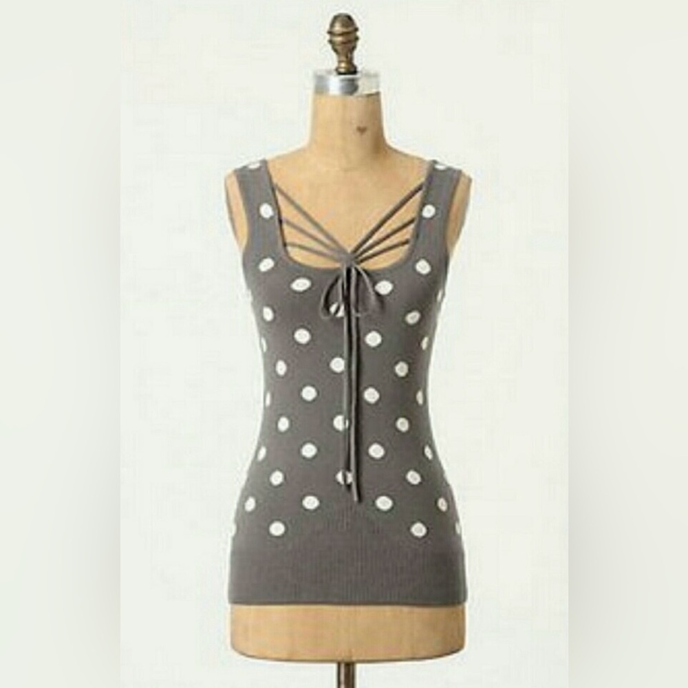 ANTHROPOLOGIE / BARASCHI Gray & White Polk Dot Strapy Knit Tank - Sz M